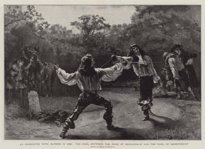 Een ontmoeting met rapieren in 1668, het duel tussen de hertog van Buckingham en de graaf van Shrewsbury door Percy Macquoid